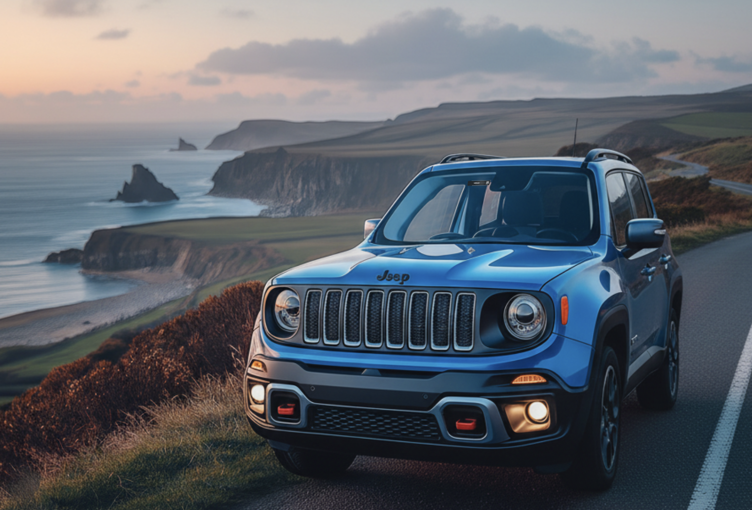 Carro seminovo azul estacionado em estrada litorânea ao pôr do sol, representando mobilidade e a parceria ConectCar e Kavak para facilitar a compra, venda e uso do veículo no dia a dia.